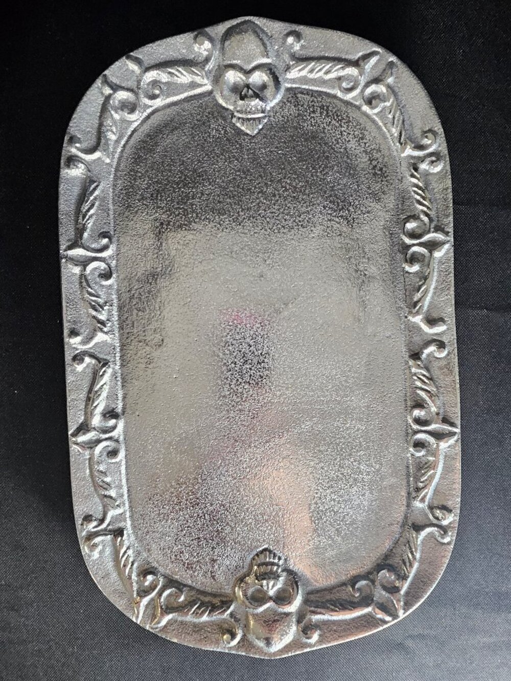 Gothic Silver Skull Metal Serving Tray Ornate Embossed Halloween Platter